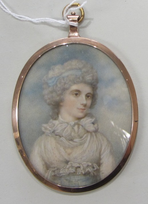 Appraisal: An oval portrait miniature of a young lady wearing a