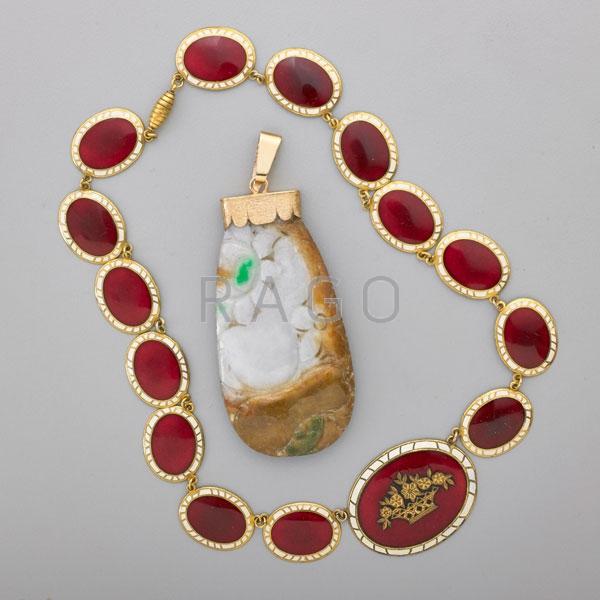 Appraisal: CARVED NEPHRITE PENDANT AND ENAMELED LINK NECKLACE Condition Report