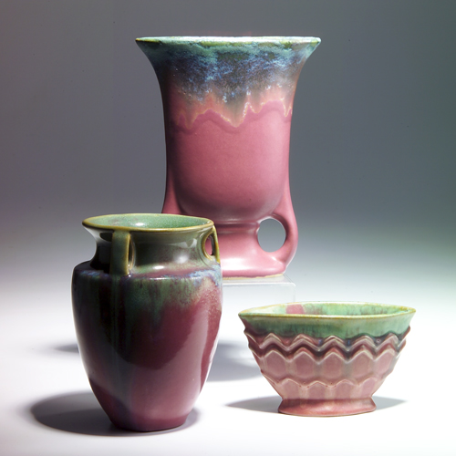 Appraisal: FULPER Three vases covered in Moss-to-Rose flambe glaze one bullet-shaped