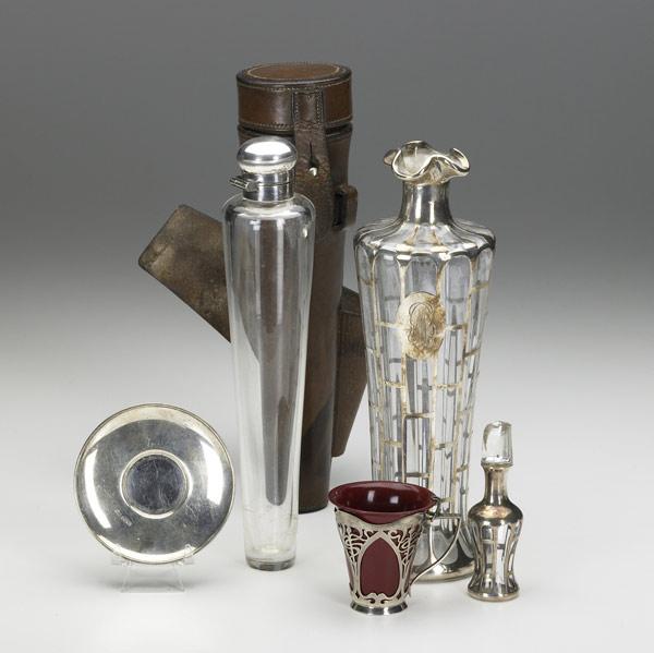 Appraisal: DECANTERS FLASKS Five items include silver overlay decanter cased flask