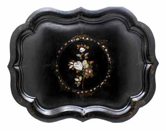 Appraisal: A Painted Tole Tray with mother-of-pearl inlay Length inches