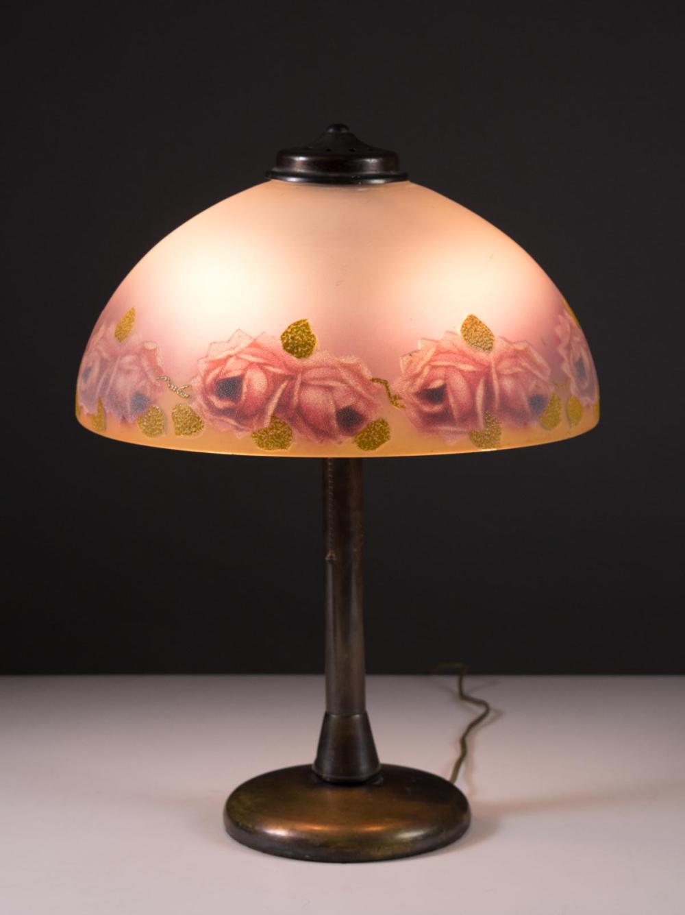 Appraisal: VINTAGE REVERSE-PAINTED TABLE LAMP American c 's D frosted glass