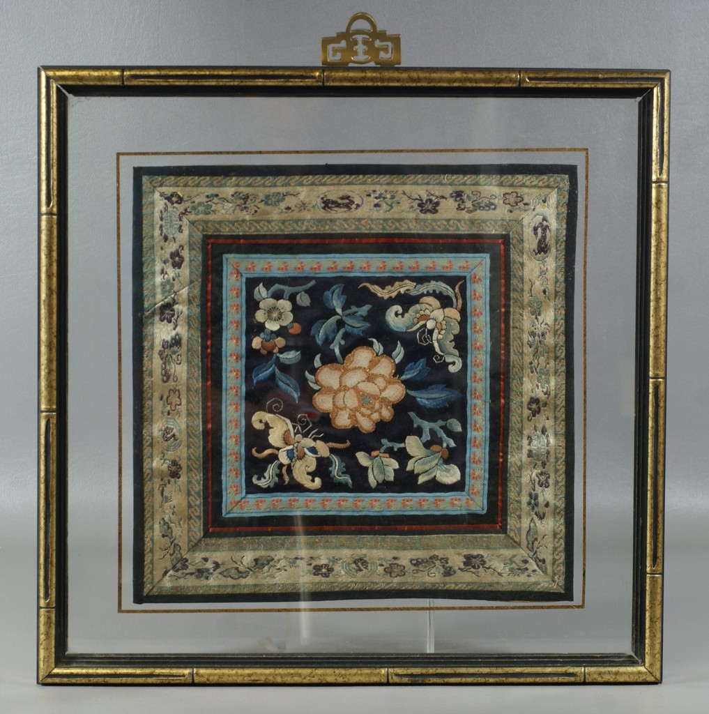 Appraisal: Asian embroidered Forbidden Stitch framed panel sq