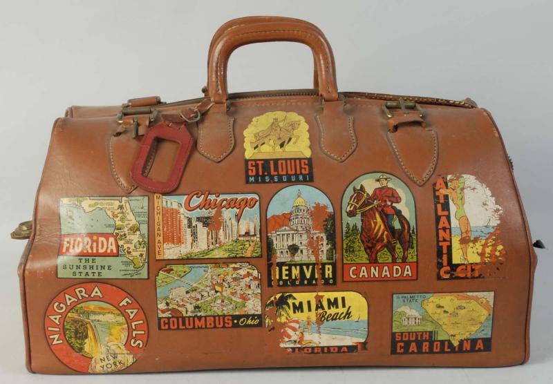 Appraisal: Nice s- s hard leather bag with numerous colorful decals