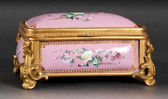 Appraisal: French gilt-metal-mounted enamel jewelry box with pink ground and morning