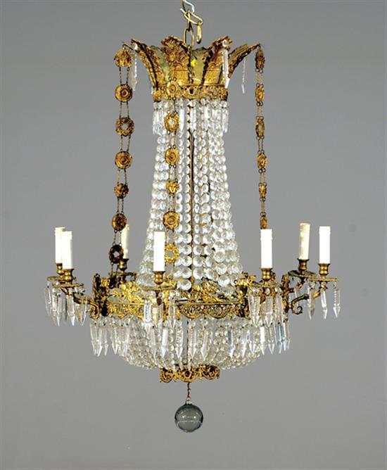 Appraisal: Continental gilt-bronze and crystal chandelier circa feathered crown with swagged