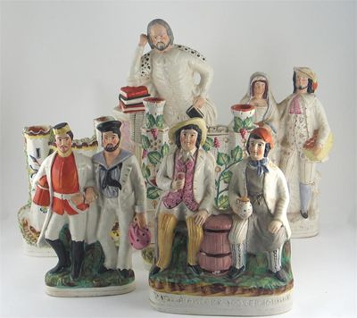 Appraisal: Six large Staffordshire models including Shakespeare orange-sellers and two flatback