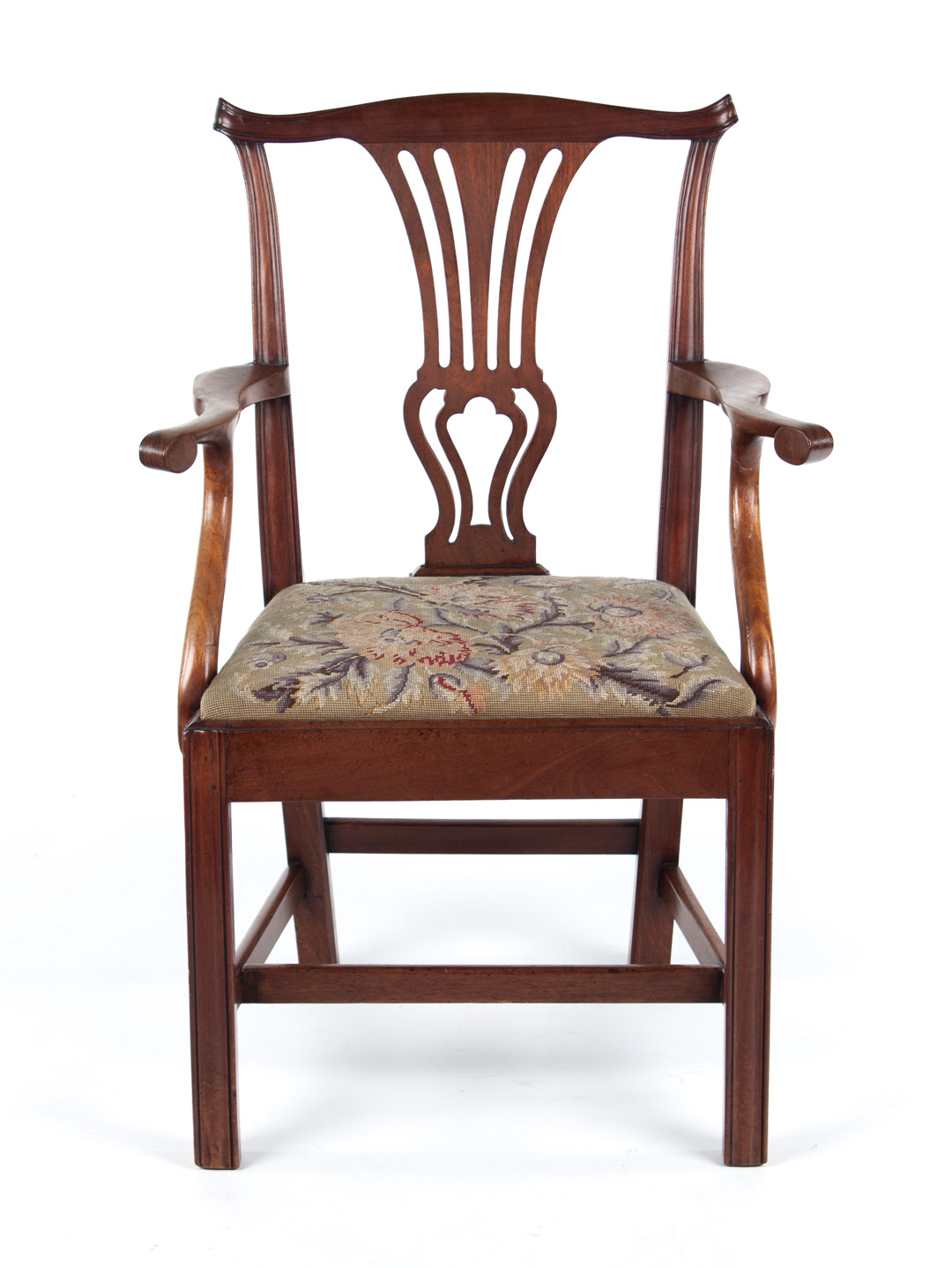 Appraisal: George III mahogany armchair circa pierced vertical splat needlepoint upholstered