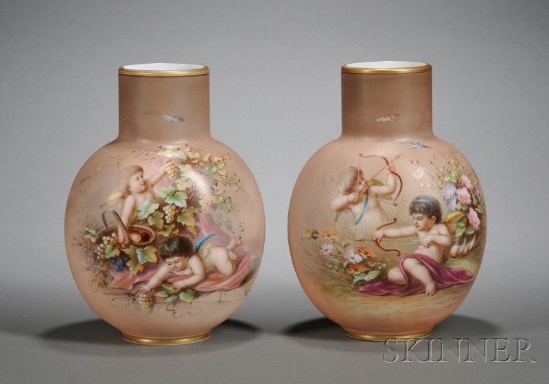 Appraisal: Pair of Bohemian Artist Painted Milk Glass Mantel Vases late