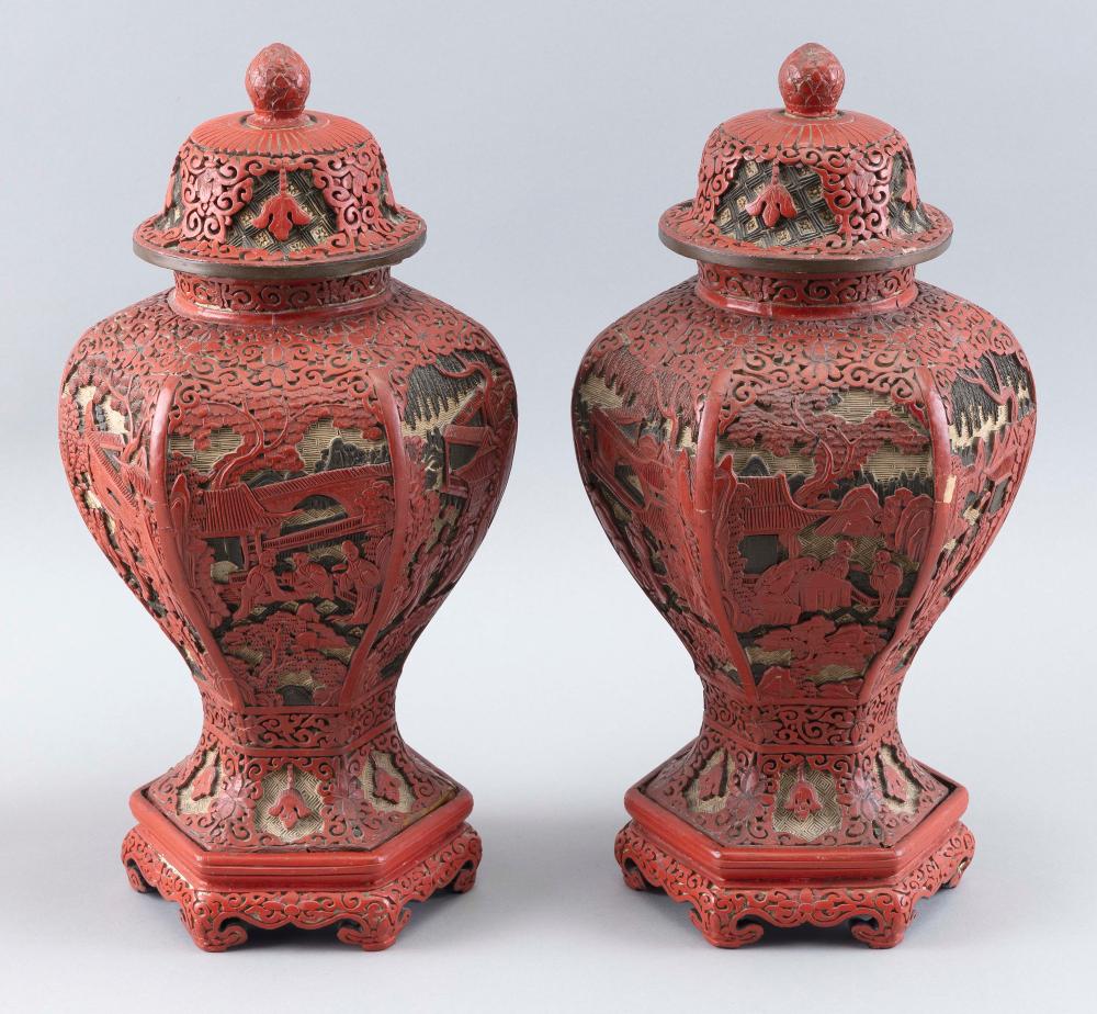 Appraisal: PAIR OF CHINESE CINNABAR COVERED VASES TH CENTURY HEIGHTS PAIR