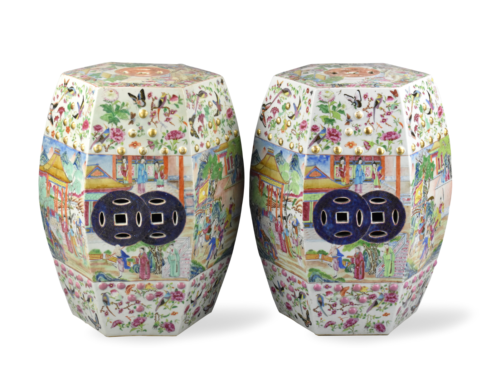 Appraisal: A pair of Chinese hexagonal Canton glazed garden stools th