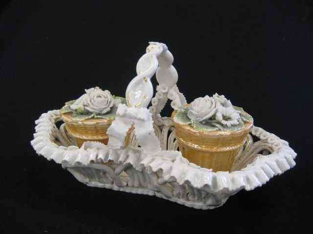 Appraisal: Victorian Porcelain Inkwell basket shapewith pair of baskets inside that