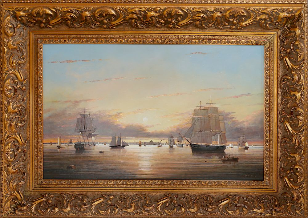 Appraisal: Brian Coole Oil on Board Luminous Boston Harbor Sunset Exclusive