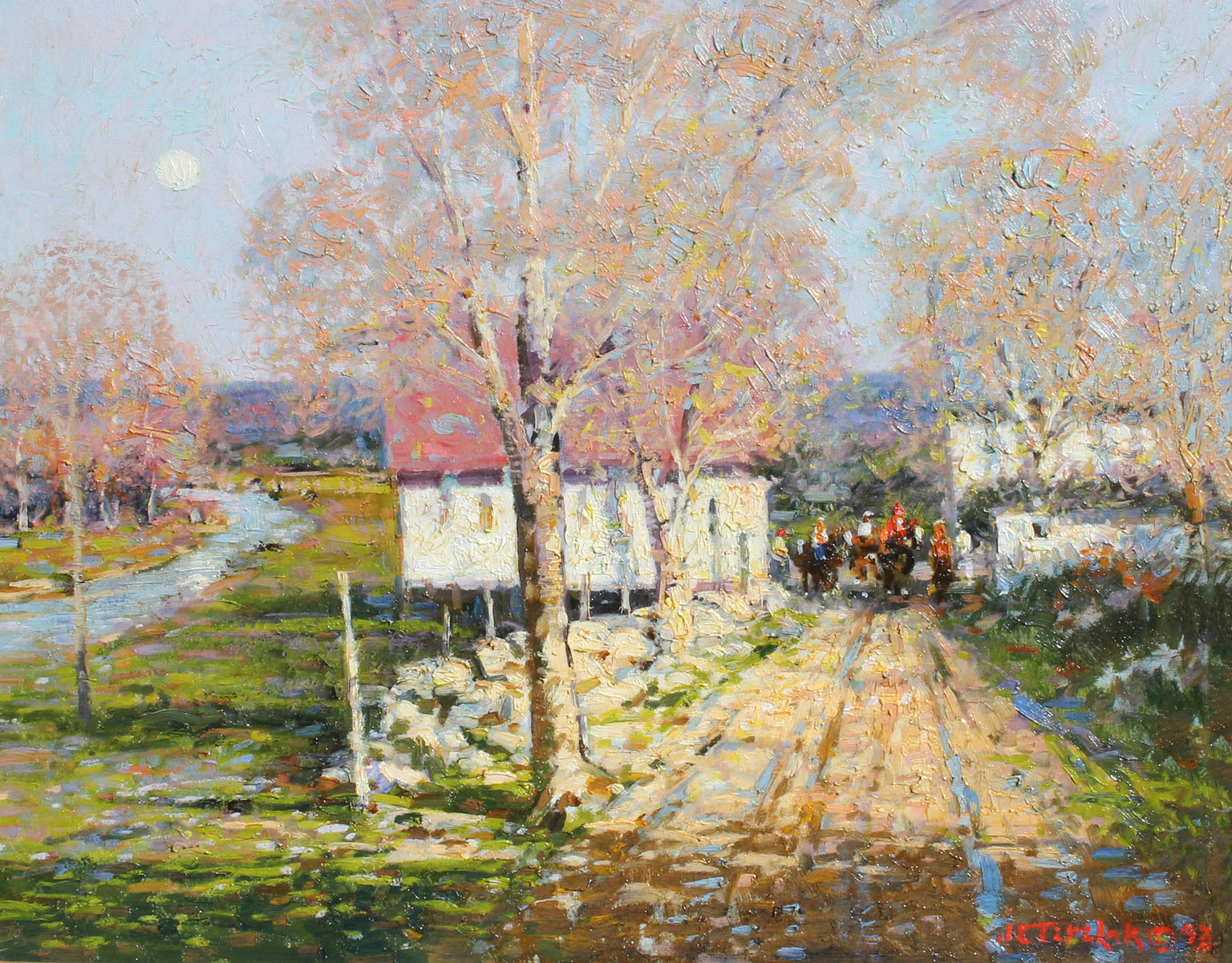 Appraisal: TERELAK John American Vermont Village landscape with Riders on horseback