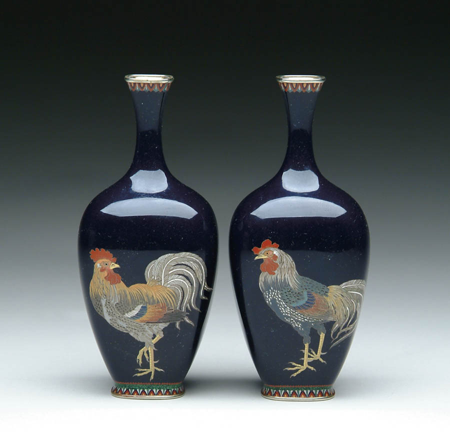 Appraisal: PAIR OF JAPANESE CLOISONNE ENAMEL VASES Tapered body vases have