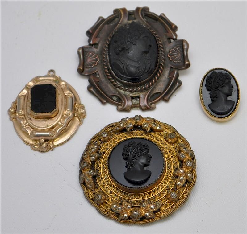 Appraisal: PC VICTORIAN MOURNING CAMEO BROOCHES PENDANT All Victorian Era Vulcanite