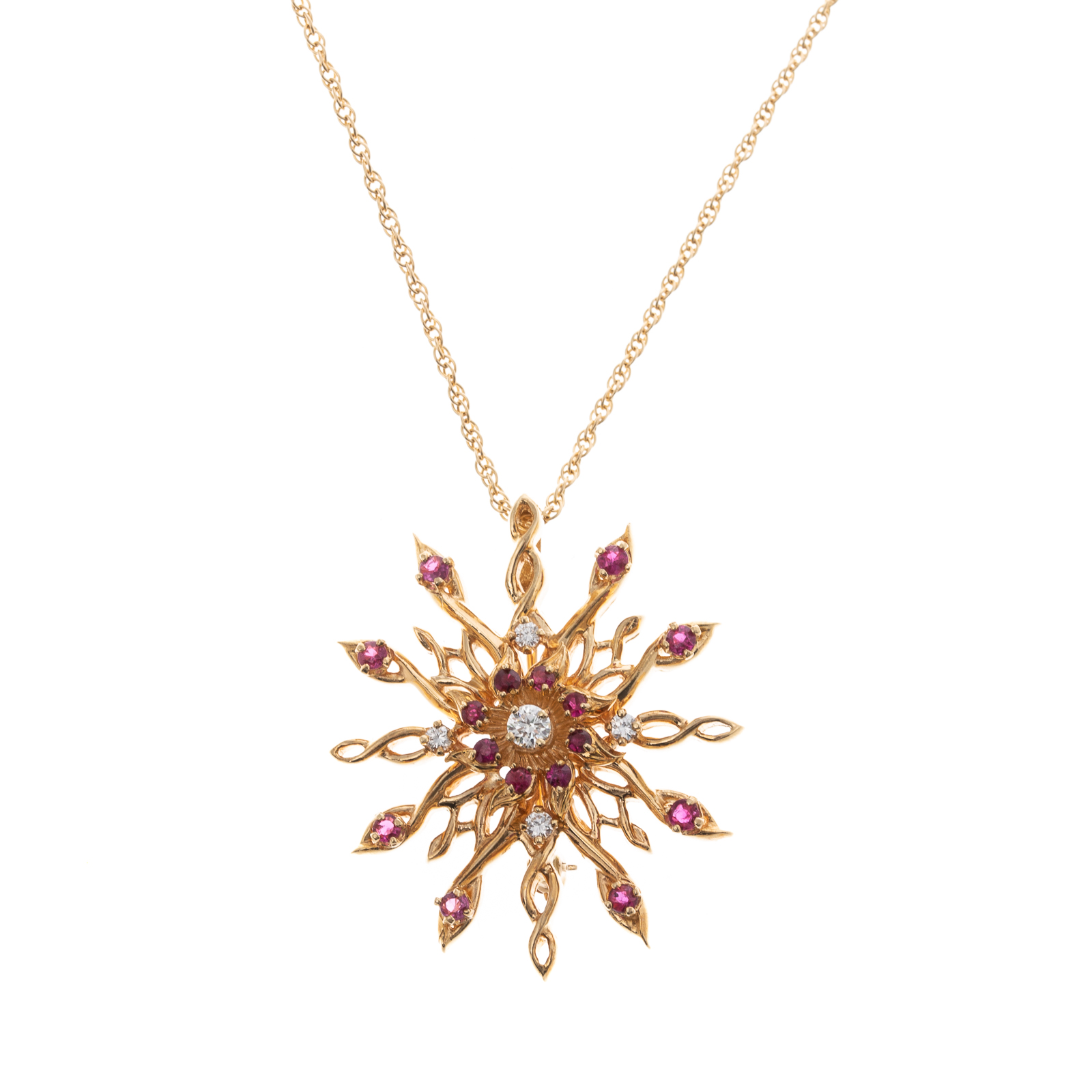 Appraisal: A RUBY DIAMOND STARBURST PIN PENDANT CHAIN K yellow gold