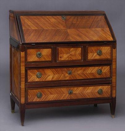 Appraisal: ITALIAN NEOCLASSICAL TWO-PART INLAID TULIPWOOD SLANT-FRONT BUREAU The -veneered flap