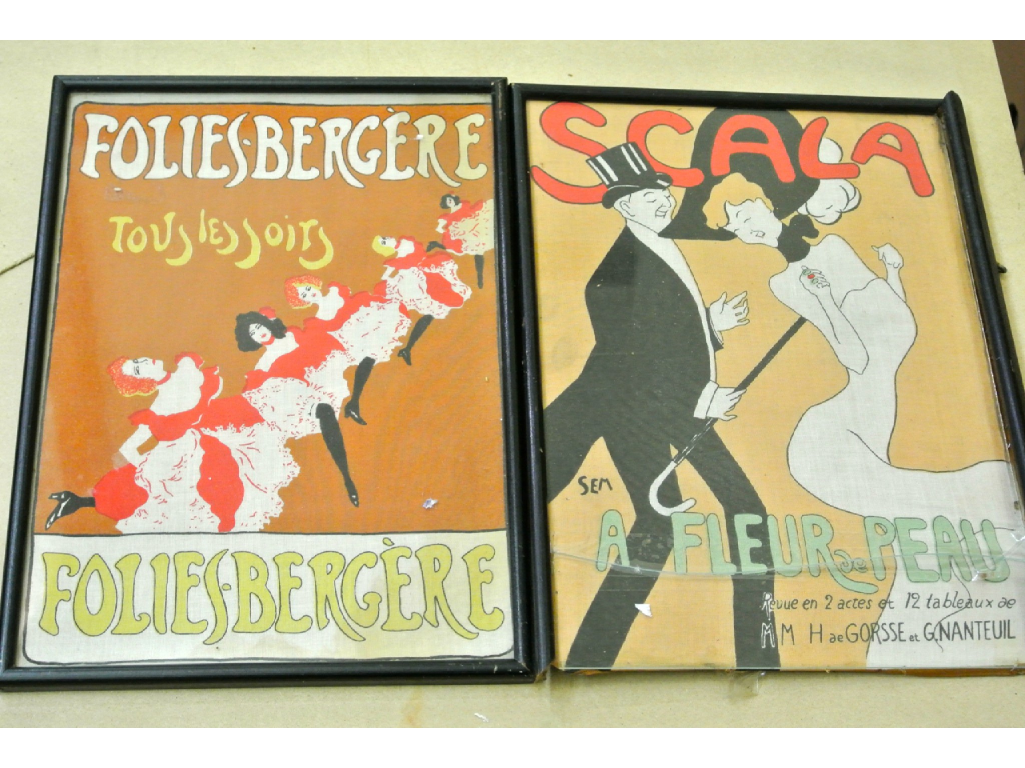 Appraisal: A set of three unusual coloured advertising prints on linen