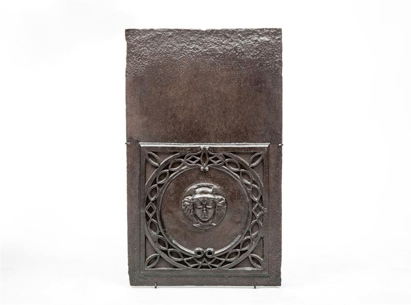 Appraisal: French Cast-Iron Fireback th Century With custom wall-mounted bracket x