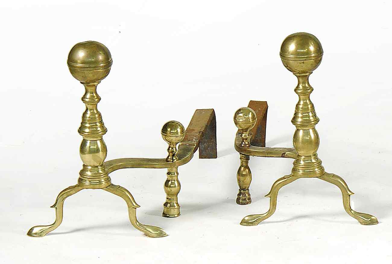 Appraisal: PAIR OF BRASS ANDIRONSBoston Circa - Bold belted ball tops