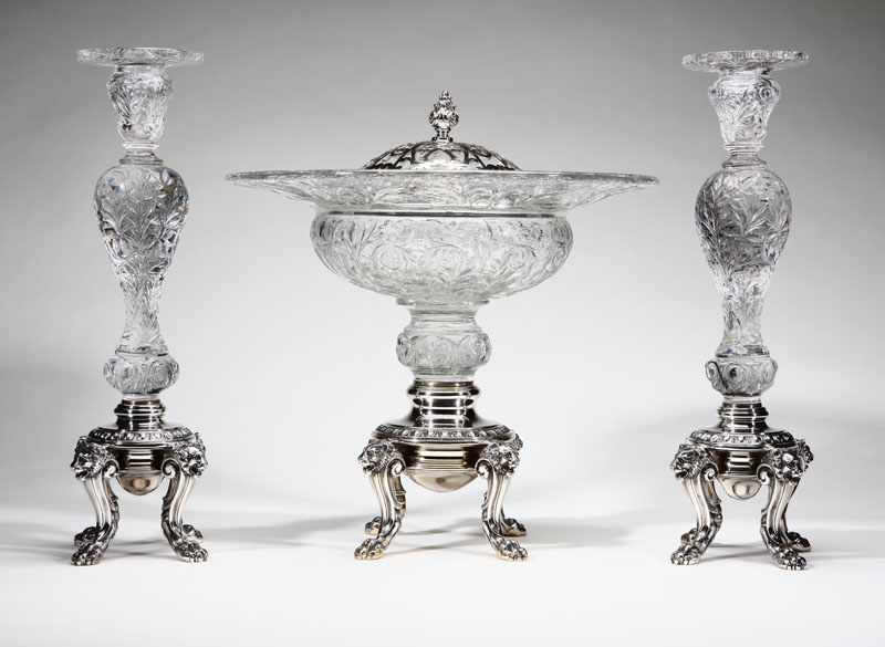 Appraisal: A Dominick Haff sterling silver-mounted foliate-decorated clear-glass three piece table