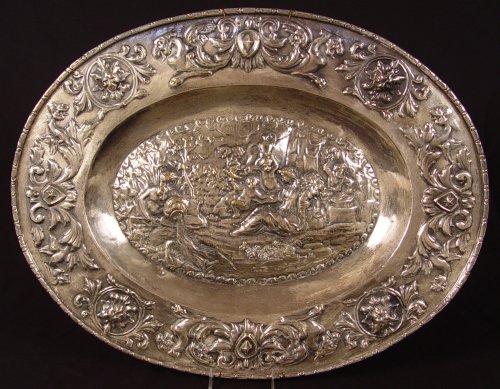 Appraisal: ENGLISH HAND CHASED SILVERPLATE FIGURAL PLATTER Greek revival scene of