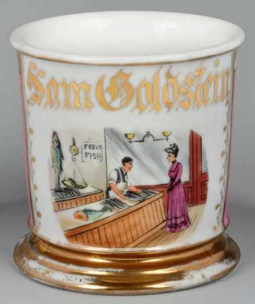 Appraisal: Fish Market Scene Shaving Mug Description Gilt name Sam Goldstein