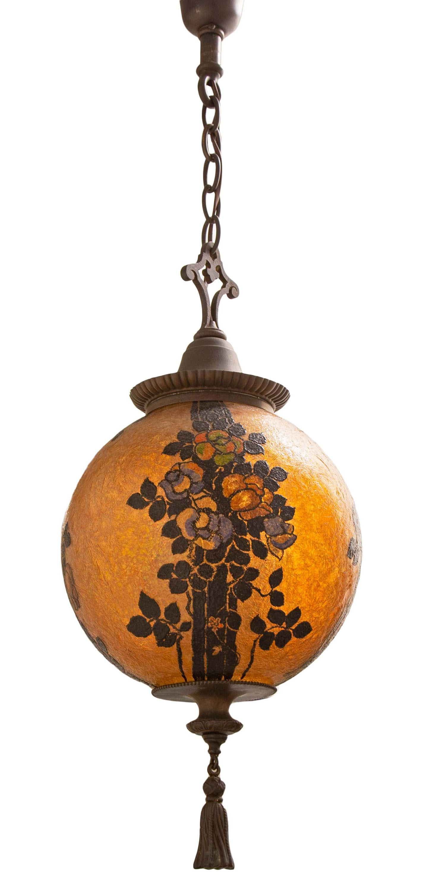 Appraisal: HANDEL HANGING LAMP FIXTURE early th century patinaed metal and