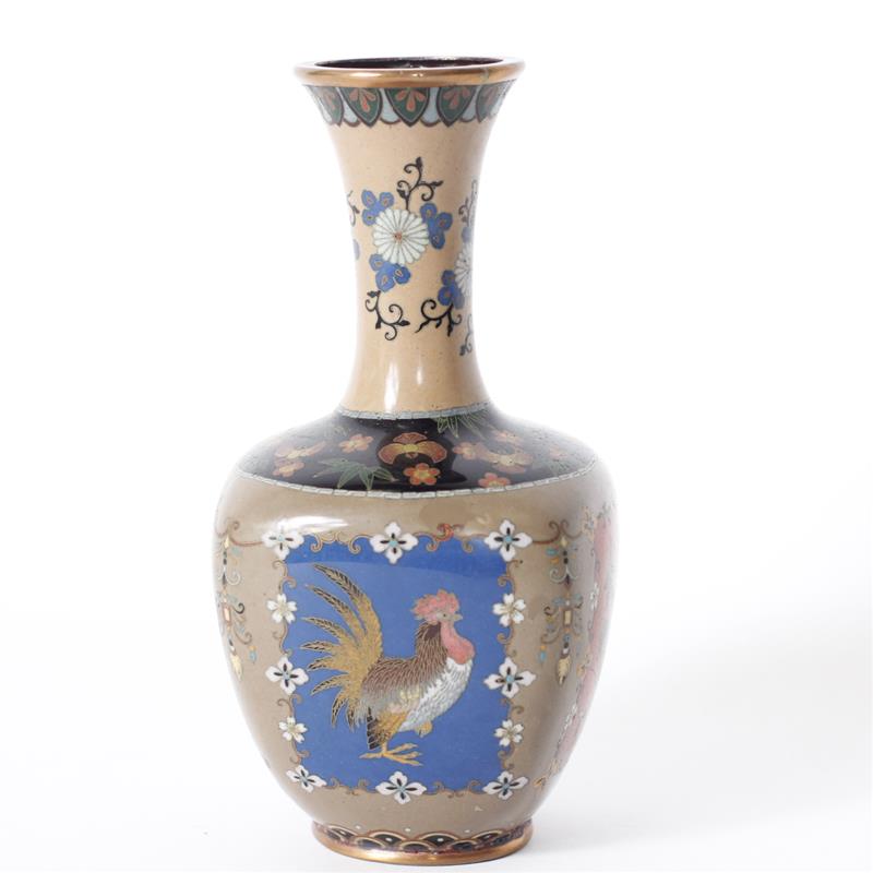 Appraisal: Japanese Polychrome Cloisonne Bottle Neck Vase featuring four sided panels