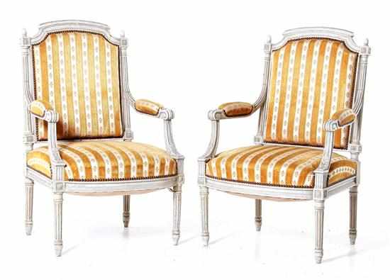 Appraisal: Pair Louis XVI style painted fauteuils early th century molded