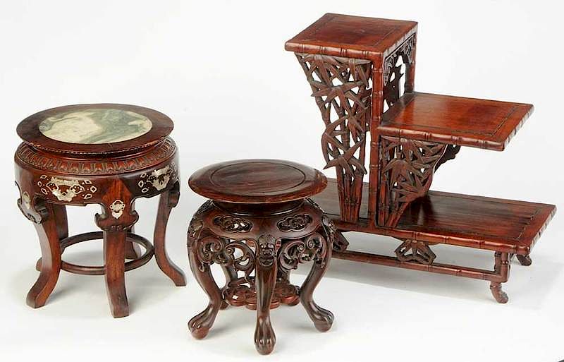 Appraisal: Three Chinese Carved Hardwood Stands th century comprising two taboret