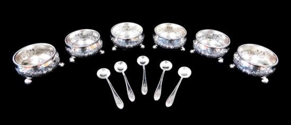 Appraisal: STERLING Six English salts with five matching spoons all hallmarked