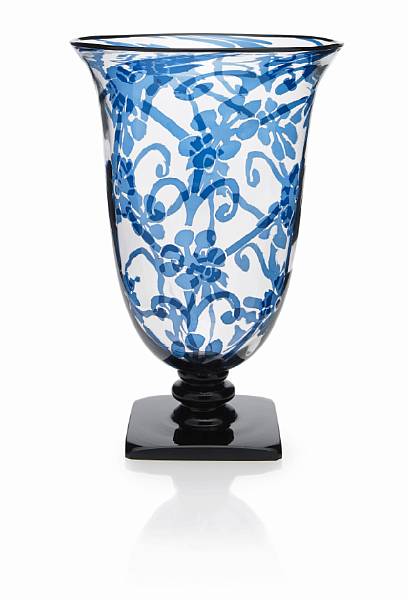 Appraisal: A Steuben blue Intarsia glass pedestal vase shape possible variant