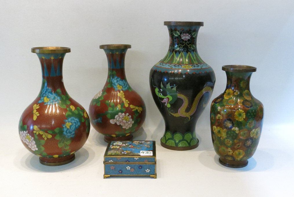 Appraisal: FIVE CHINESE CLOISONNE VESSELS including one hinge-top box H and