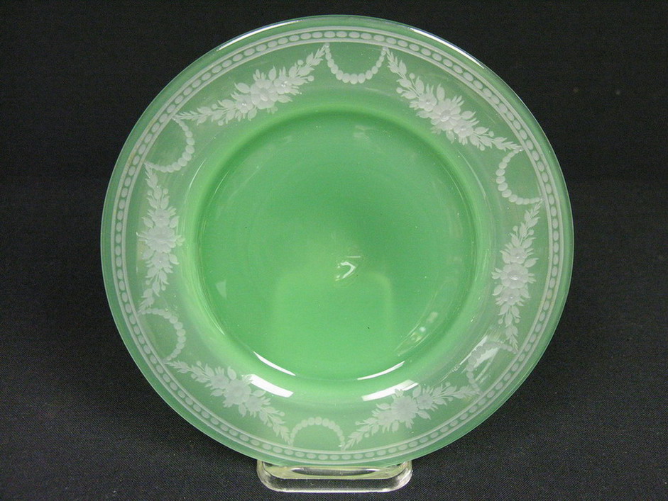 Appraisal: STEUBEN POMONA GREEN PLATE etched flower garland edge diam