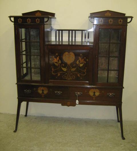 Appraisal: AN ART NOUVEAU MAHOGANY AND MARQUETRY DISPLAY CABINET in the