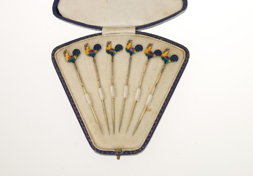 Appraisal: SET OF SIX GEORGE V SILVER AND ENAMEL COCKTAIL STICKS