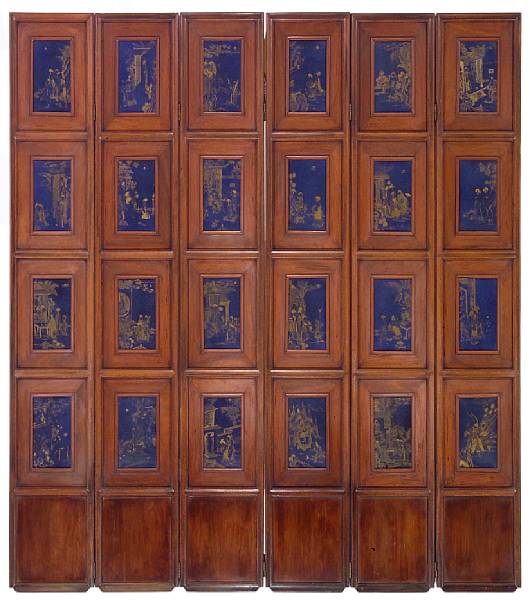 Appraisal: A six-panel hardwood floor screen inset with glazed porcelain plaques