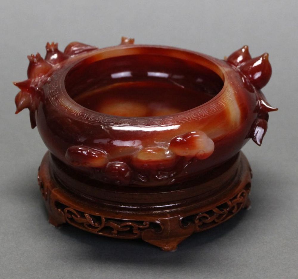 Appraisal: Chinese deep red agate brushwasher provenance Mr K's restaurant carved