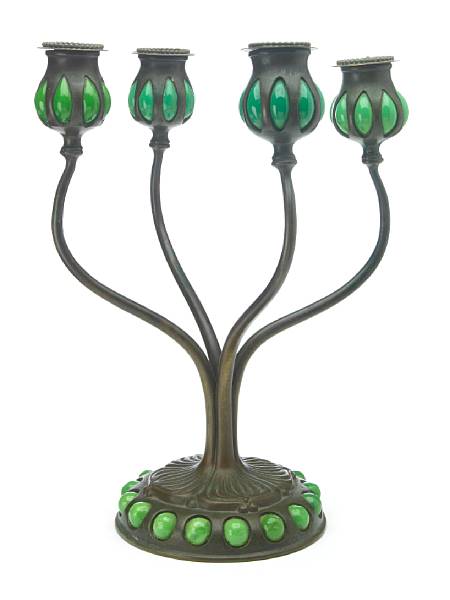 Appraisal: A Tiffany Studios Favrile glass and bronze four-light candelabra -