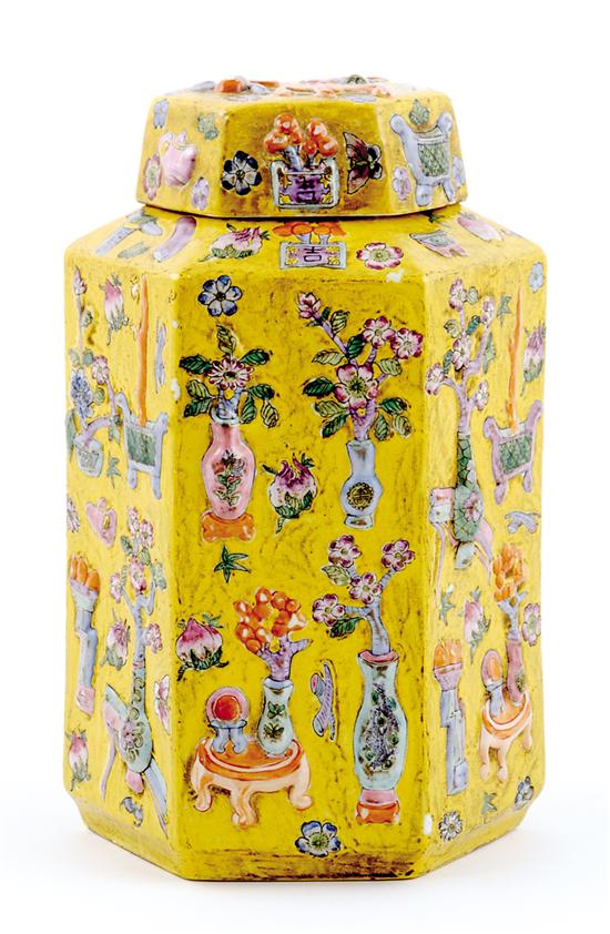 Appraisal: Chinese Export famille jaune covered jar hexagonal form with molded