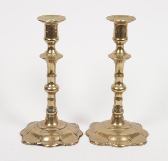 Appraisal: Pair of Queen Anne brass candlesticks mid- th century petal