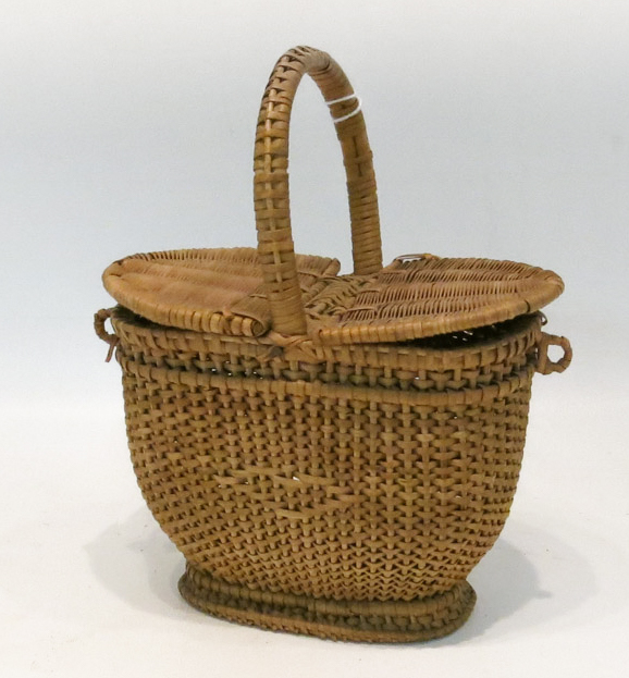 Appraisal: SHAKER WOVEN BASKET footed oval basket with double hinged lid