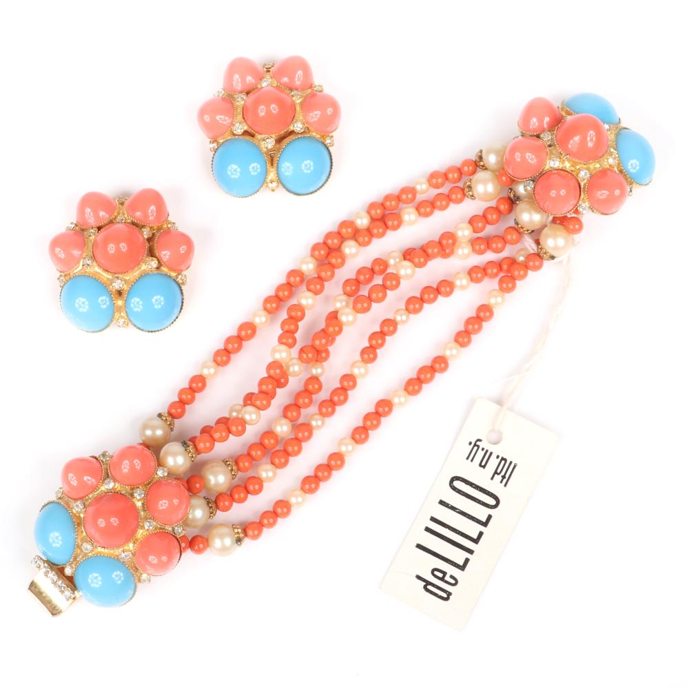 Appraisal: WILLIAM DELILLO DEMI-PARURE FAUX CORAL TURQUOISE AND PEARL SIX-STRAND BRACELET