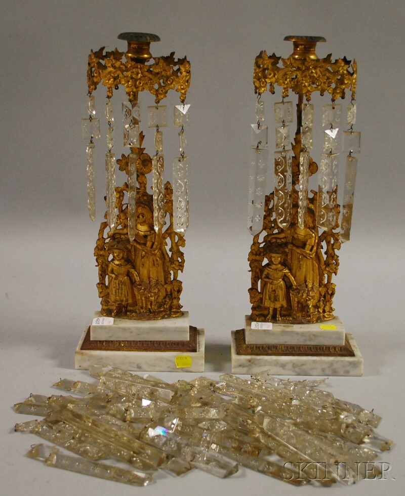 Appraisal: Pair of Gilt-metal Figural and Marble-base Girandole Candlesticks with Prisms