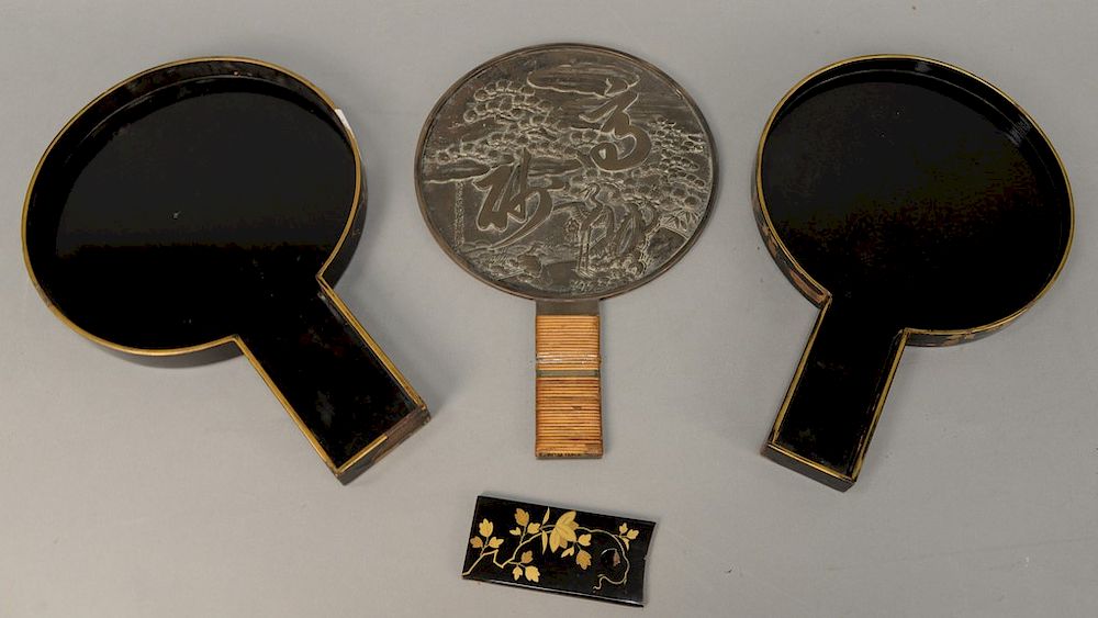 Appraisal: Japanese bronze mirror in lacquered box probably th century chip