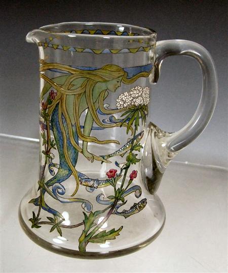 Appraisal: HANNAH MOORE WALTON WATER JUG CIRCA enamel-painted glass depicting a