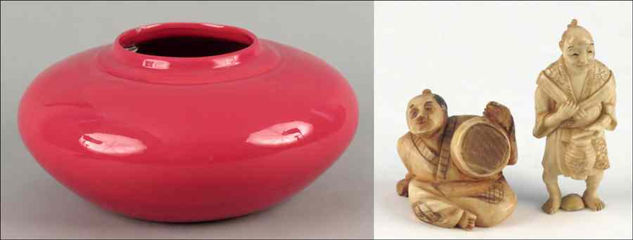 Appraisal: CHINESE RED GLAZE CERAMIC VASE Together with two carved ivory