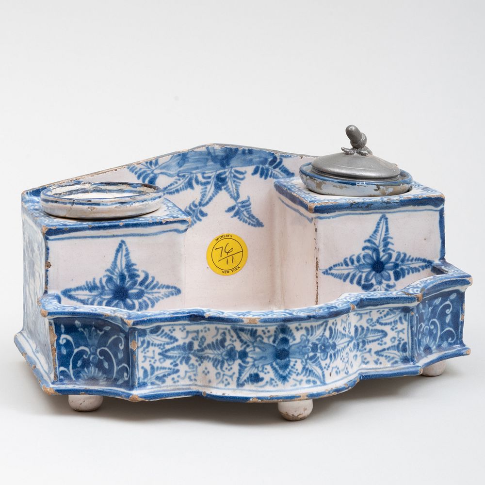 Appraisal: Delft Blue and White Ink Stand Comprising stand inkpot sander